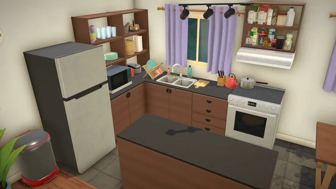A room in Paralives built to look like the kitchen in the final level of Unpacking