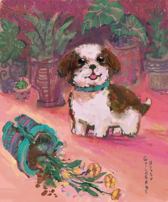 Painting of a smiling and crying puppy near a broken flowerpot.