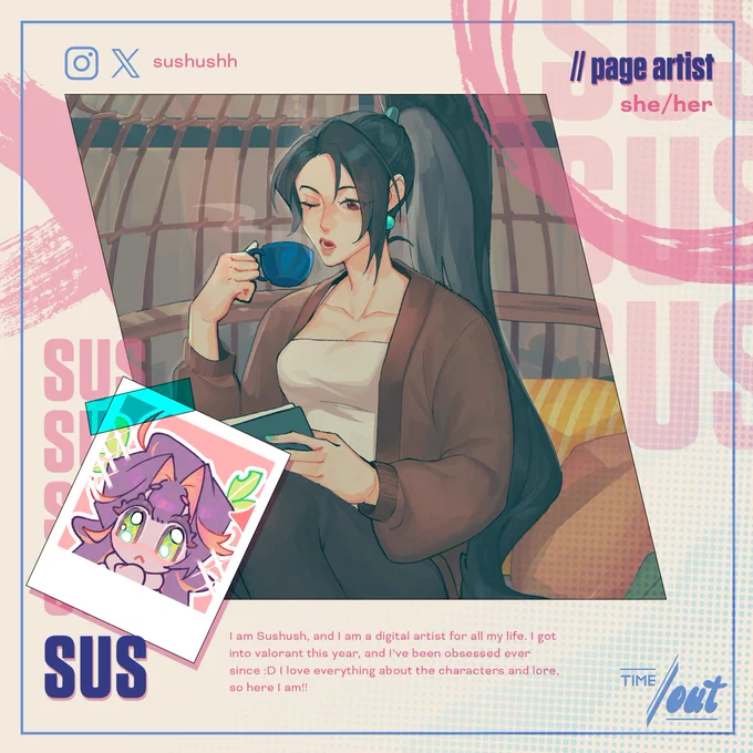 An artist preview of Sage from VALORANT by Riot Games.
The introduction reads as follows: Sus (she/her), page artist with the following bio: "I am Sushush, and I am a digital artist for all my life. I got into valorant this year, and I've been obsessed ever since :D I love everything about the characters and lore, so here I am!!"