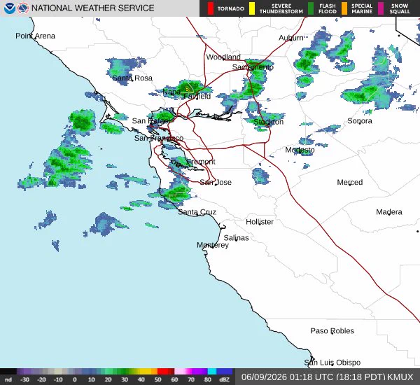 Radar image from 6:18 PM, showing scattered echoes over the Bay Area. Because the radar is on high terrain south of San Jose, it is picking up echoes around four to five thousand feet above ground level in the San Francisco and Oakland areas.