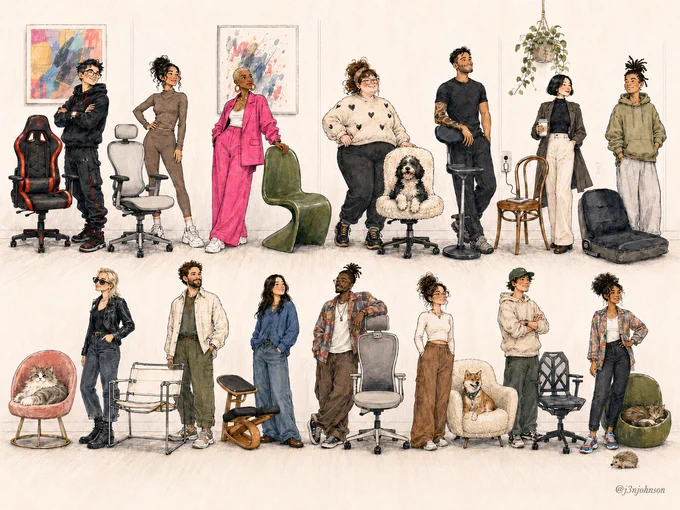 Many different types of people standing next to their preferred office chair design and pets. Their outfits and personalities resemble their chairs.