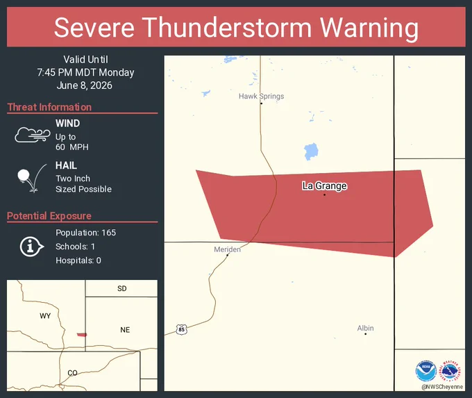 This graphic displays a severe thunderstorm warning plotted on a map. The warning is in effect until 7:45 PM MDT. The warning includes La Grange WY.  This warning is for West Central Banner, Southeastern Goshen and Northeastern Laramie Counties. The threats associated with this warning are wind gusts up to 60 MPH and two inch sized hail. There are 165 people in the warning along with 1 school and 0 hospitals.