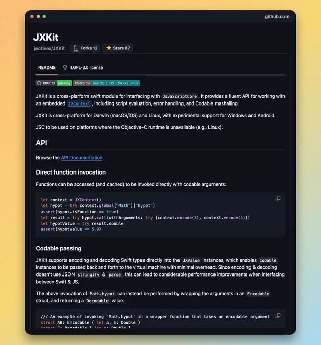 GitHub README screenshot for jectivex/JXKit