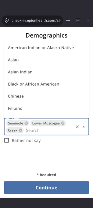 Screenshot showing my selection of Seminole Lower Muscogee and Creek as demographic categories of who I am of my Native Nations. 