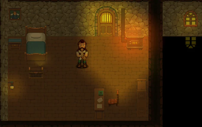 Tavern keeper standing in bedroom on 2nd floor of tavern/inn in the upcoming game Rumors & Relics.  The room has ambient dynamic lighting being produced by a wall lantern as well as a small stove in the top right corner. There is a bookcase along the bottom right wall.  Just to the left of the bookcase there is a desk with papers strewn across it and a comfortable looking chair next to the desk.  There is a comfortable looking bed in the top left corner of this room with a chest at the foot of the best with a slight glow reflecting from the wall lantern on the treasures found within the chest. This must be the owner of the tavern's room.