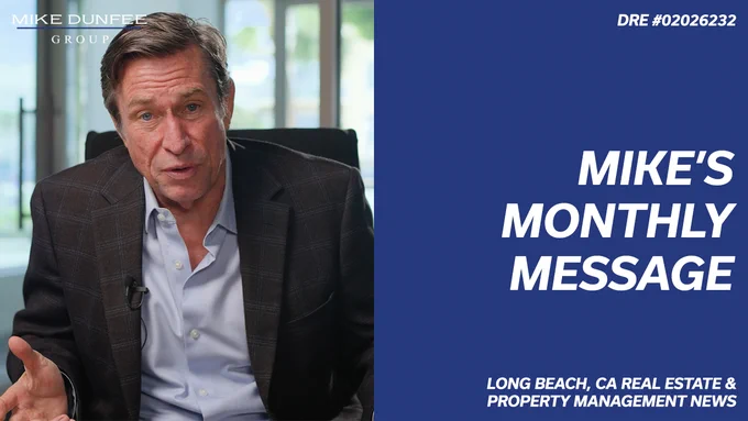 Mike Dunfee in a blazer speaks earnestly in an office setting. Text beside reads "Mike's Monthly Message," suggesting property management news.