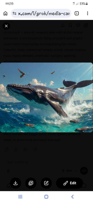 A whale is leaping out of the waves, parrots and  seals accompanying it.