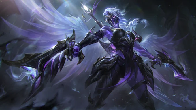 Ashen Knight Samira stands over her next victim with her gun drawn, ready to fire. Her ghostly wings and the light shining down on her give her a deadly ethereal look.