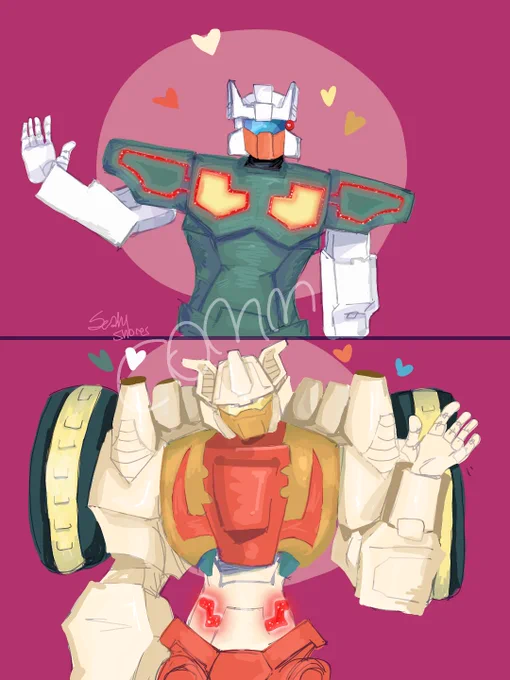 Drawing of Rewind from IDW Transformers waving with hearts around him on the upper part of image, on lower part is a drawing of Chromedome from IDW Transformers waving with the opposite hand with hearts around him on a pink/purple background