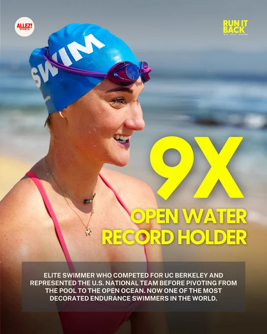 Catherine Breed in a blue Swim cap with pink goggles, in a coral swimsuit, smiling toward the ocean with sun-lit hair and droplets on her face. Bold yellow text: "9X OPEN WATER RECORD HOLDER." Subtext on competing for UC Berkeley, the U.S. National Team, and the pivot to becoming one of the most decorated endurance swimmers in the world.