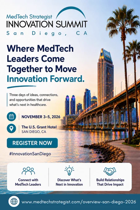 The connections that move #MedTech forward happen here. Join investors, strategics, startups, and industry leaders at #InnovationSanDiego Nov. 3–5, 2026: https://bit.ly/4v1OFls