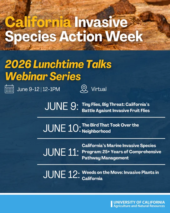 A promotional flyer for "California Invasive Species Action Week" featuring the "2026 Lunchtime Talks Webinar Series." The schedule includes: June 9 - a discussion on California's invasive fruit flies; June 10 - a talk about invasive neighborhood birds; June 11 - a focus on California's marine invasive species program; June 12 - a session on invasive plants in California. The University of California Agriculture and Natural Resources logo is displayed.