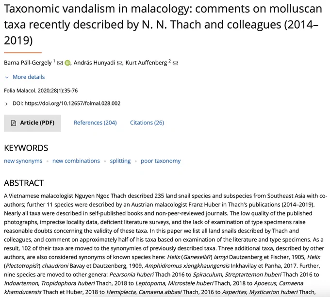Páll-Gergely, B., Hunyadi, A. & Auffenberg, K. 2020 (Mar.). Taxonomic vandalism in malacology: comments on molluscan taxa recently described by N.N. Thach and colleagues (2014–2019). Folia Malacologia, 28: 35–76.
https://doi.org/10.12657/folmal.028.002
（オープンアクセス）