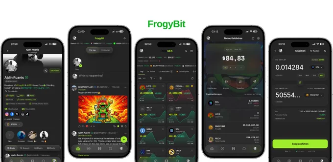 A promotional showcase of the FrogyBit iOS Public Beta featuring six iPhone screens displaying a Solana-powered SocialFi ecosystem. The screens highlight user profiles, social feeds, community engagement, crypto news, a built-in wallet, token swapping, and a decentralized exchange (DEX). FrogyBit combines social networking, messaging, voice and video calls, creator monetization tools, digital asset management, and Web3 functionality into a single mobile platform powered by Solana and the $FROGYBIT ecosystem token.