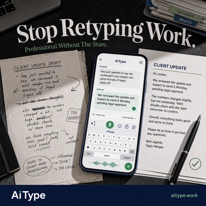 Top-down view of a professional desk with documents and a phone showing AiType keyboard transforming a rough dictated reply into a polished client update. Handwritten notes contrast with clean typed text. Headline reads Stop Retyping Work. AiType and website shown in footer.
