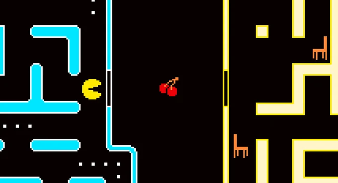 It's a retro style pixel art drawing of Pac-Man in a cyan level. There are a few pellets but no power-ups or ghosts. He stares through a darkened gap in the wall at a pair of cherries that have drifted through into the black void between the level. On the other side is a bleached yellow level that looks like the backrooms. It's walls are much more jagged and square compared to the round level Pac-Man usually resides in. It has a few chairs in it. 