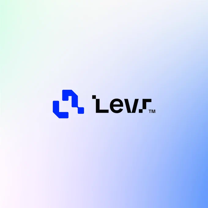 Clean Levr logo presentation on a soft blue and white gradient background. The logo combines an abstract geometric icon with a modern black wordmark, designed for a Saudi NFC cards and devices company focused on fast, simple, and trustworthy digital interaction.