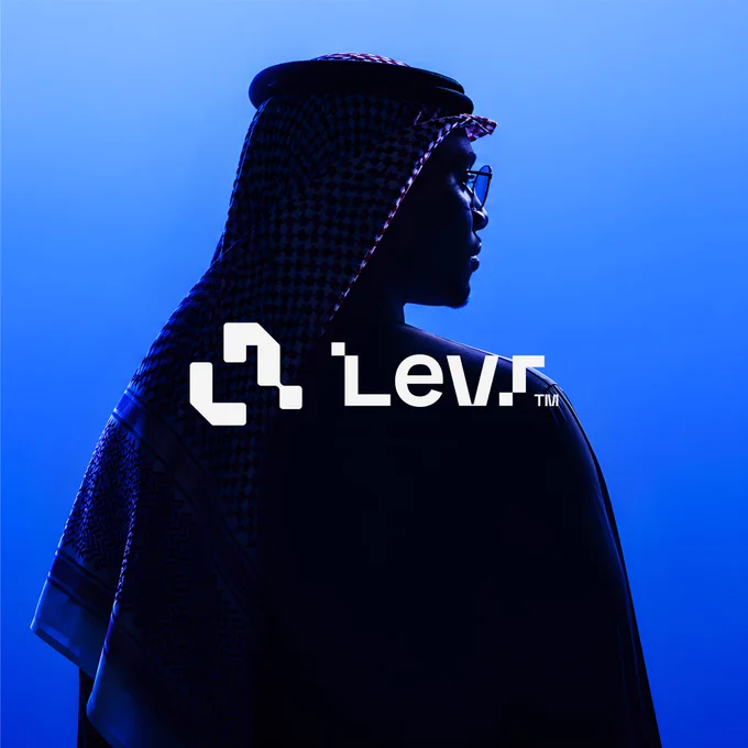 Levr brand identity hero visual showing a Saudi man in traditional attire as a dark silhouette against a vivid blue background, with the white Levr logo placed across the center. The image positions Levr as a modern Saudi NFC technology brand with a confident, premium, and digital-first visual presence.