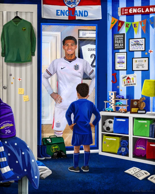 A young Jarell Quansah is stood in his grassroots kit looking at a mirror at the reflection of his present self stood in an England kit.