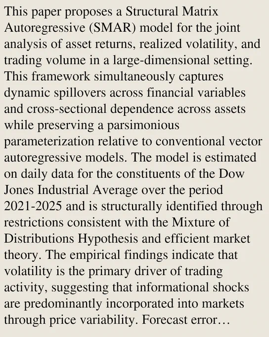 This paper proposes a Structural Matrix Autoregressive (SMAR) model for the joint analysis of asset returns, realized volatility, and trading volume in a large-dimensional setting. This framework simultaneously captures dynamic spillovers across financial variables and cross-sectional dependence across assets while preserving a parsimonious parameterization relative to conventional vector autoregressive models. The model is estimated on daily data for the constituents of the Dow Jones Industrial Average over the period 2021-2025 and is structurally identified through restrictions consistent with the Mixture of Distributions Hypothesis and efficient market theory. The empirical findings indicate that volatility is the primary driver of trading activity, suggesting that informational shocks are predominantly incorporated into markets through price variability. Forecast error variance decompositions further reveal that, although internal shocks dominate short-term volume dynamics, cross-a