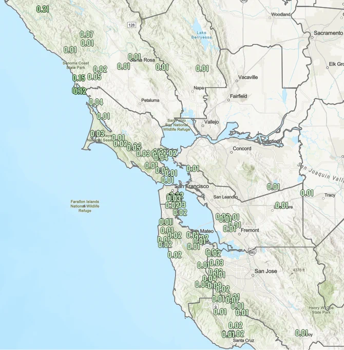 12 hour rain totals as of 1 AM. Most coastal areas have seen a few hundredths of an inch of rain at most, with coastal Sonoma County reporting a tenth to a quarter of an inch.