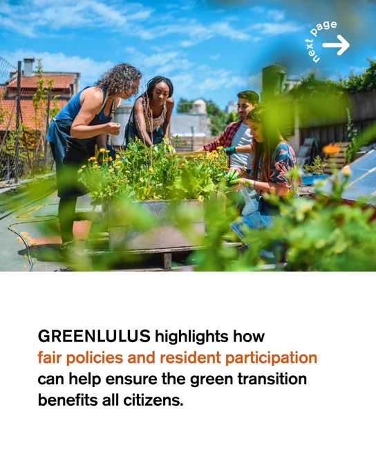 Photograph of a diverse group of people working together in an urban rooftop community garden with raised vegetable beds and green plants. Below, bold black text reads: "GREENLULUS highlights how fair policies and resident participation can help ensure the green transition benefits all citizens." The words "fair policies and resident participation" are highlighted in ERC orange.