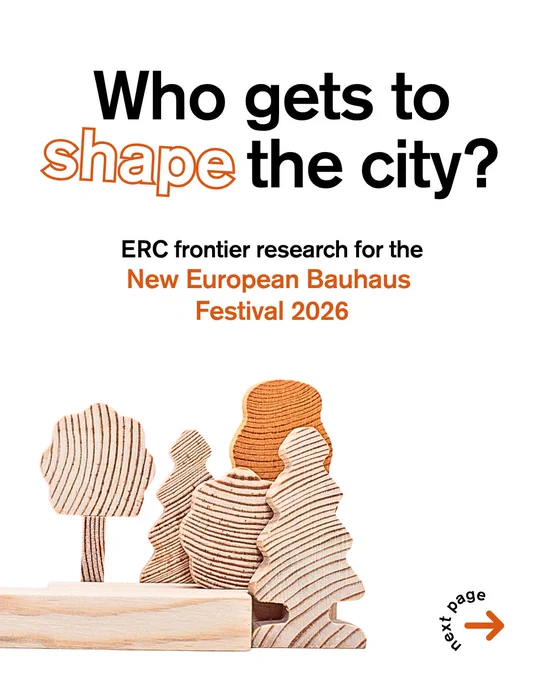 Cover slide with the question "Who gets to shape the city?" in large black text and the word "shape" styled in ERC orange outline font. Below, the subtitle reads "ERC frontier research for the New European Bauhaus Festival 2026". Three wooden figurines representing people and a tree are arranged on a wooden platform against a white background.