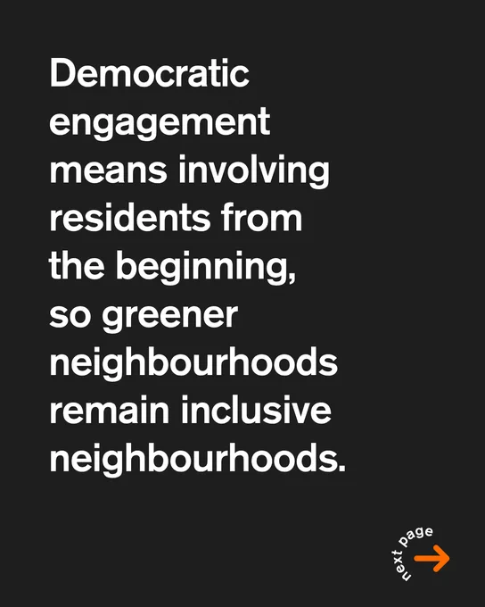 Black slide with large white text reading: "Democratic engagement means involving residents from the beginning, so greener neighbourhoods remain inclusive neighbourhoods."