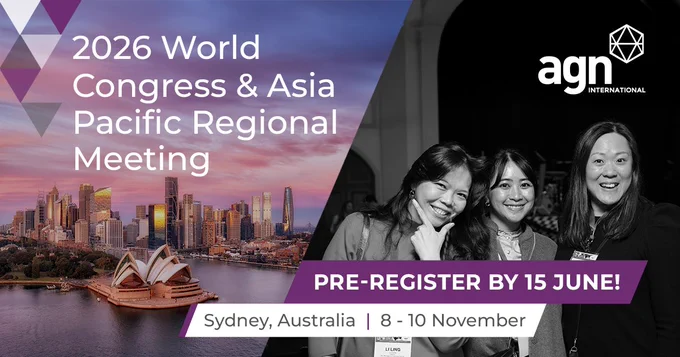 This November, AGN members from around the world will gather in Sydney for the AGN 2026 World Congress & Asia Pacific Regional Meeting, featuring an inspiring programme focused on talent, technology, client experience, and the power of global connections.
Secure your place in Sydney and save 10%! Pre-register by 15 June 2026 to receive a discount on the delegate fee*.
Join colleagues and friends from across the AGN community in one of the world's most iconic harbour cities for valuable insights, meaningful conversations, and memorable shared experiences.
Learn more & pre-register: https://my.agn.org/WorldCongress 