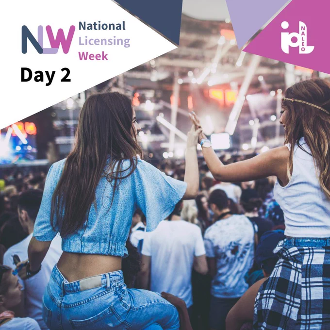 Day 2 of National Licensing Week 2026. Two people at a live music festival, crowd and stage lighting visible in the background. NLW 2026 branding top left, IoL logo top right.
