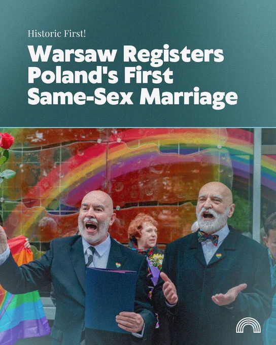 Two men celebrating Poland's first same-sex marriage registration in Warsaw against a rainbow backdrop.