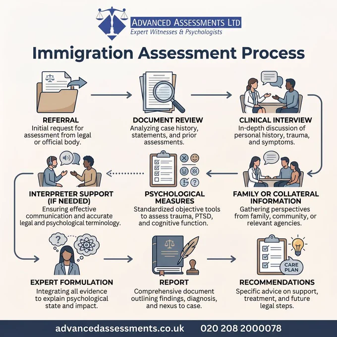 Immigration psychological assessments follow a structured process: referral, document review, clinical interview, measures where appropriate, collateral info, expert formulation, report, recommendations.

To book with us, visit our website.

#immigration #medicolegal #psychology 