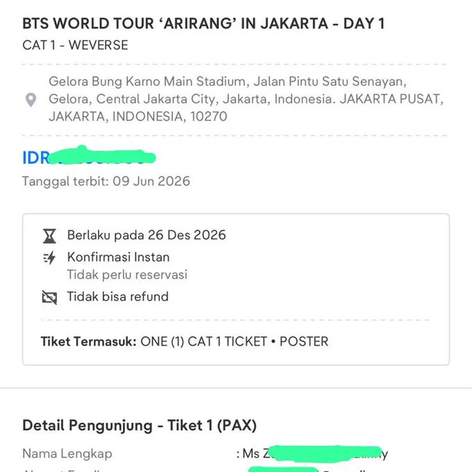 1x CAT 1 BTS World Tour Arirang in Jakarta