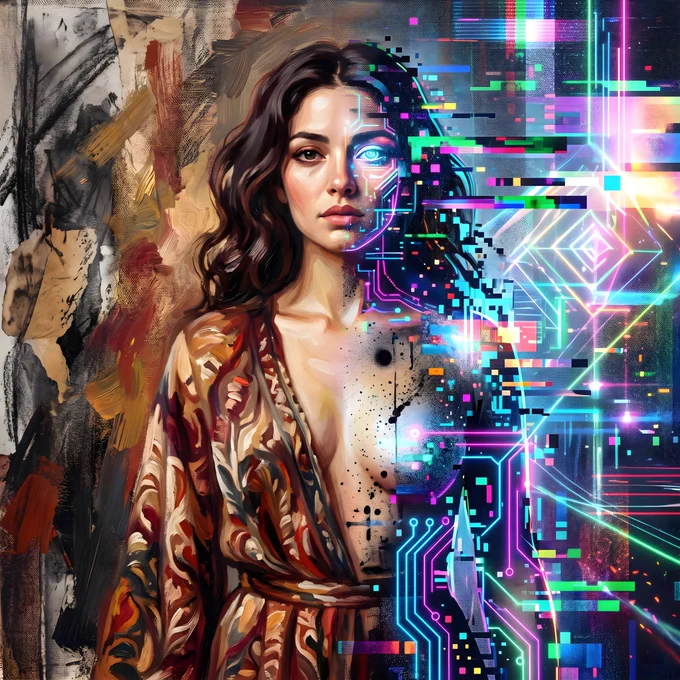 The Painted Algorithm
A portrait caught between two worlds: one half shaped by warm brushstrokes, textured fabric, and the quiet familiarity of traditional art — the other dissolving into neon circuitry, pixel fragments, and the sharp geometry of digital logic.
The figure stands in the tension between memory and computation, as if painted history is being rewritten in real time by an algorithm learning how to dream.
A fusion of mediums that shouldn’t coexist, yet somehow resolve into a single, coherent presence — the essence of Mixed‑Up Media.

Image: 8192 × 8192 PNG 25.0 MB
Created for: Mixed‑Up Media chapter of The Snail Event
Organised by: @ReachROCKIN & @Lord_iiip
