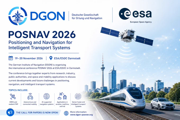 Poster für POSNAV 2026 mit ESA‑Logo, Satellit und Verkehrsszenen.
Konferenzankündigung zu Navigation und intelligenten Transportsystemen in Darmstadt.