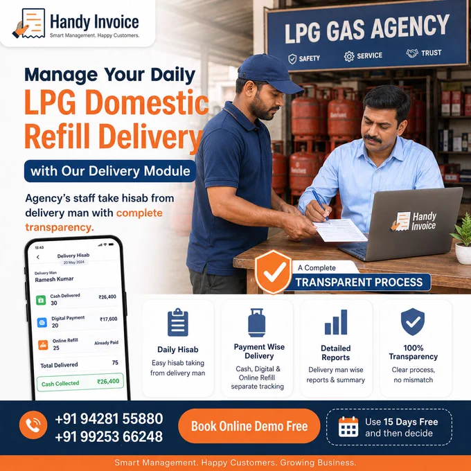 Say goodbye to delivery hisab headaches! 🚚💨

Managing daily LPG domestic refill deliveries shouldn't mean endless paperwork and evening mismatches. 

With the Handy Invoice Delivery Module, your agency staff can take complete, transparent hisab from delivery men in just a few clicks.

What you get:

✅ Daily Hisab: Quick and easy reconciliation at the end of the day.

✅ Payment-Wise Tracking: Separate tracking for Cash, Digital, and Online Refill payments.

✅ Detailed Reports: Delivery-man-wise summaries to track performance and cash flow.

✅ 100% Transparency: Zero mismatches, complete peace of mind.

Smart management leads to happy customers and a growing business. 📈

🎁 Try it risk-free! Use it FREE for 15 days and decide for yourself.

📞 Book your free online demo today:  91 94281 55880 |  91 99253 66248

#LPGGasAgency #GasAgencyManagement #HandyInvoice #BusinessAutomation #InvoicingSoftware #SmartManagement #LPGDistributor #DigitalIndia