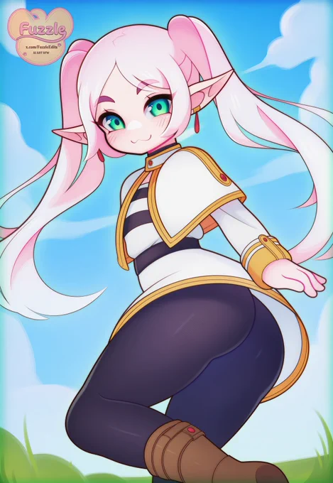 Digital anime-style illustration of a cute elf-like character with long, light pink hair in pigtails, pointed ears, and striking green eyes. The character is wearing a white and gold fantasy-style tunic with dark leggings and boots. They are looking back over their shoulder with a friendly smile against a background of a bright blue sky with soft white clouds.