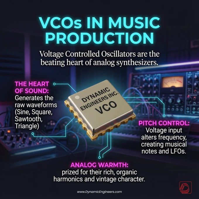 Infographic titled "VCOs in Music Production" featuring a Dynamic Engineers Inc. VCO package centered in a music studio environment with synthesizers and audio equipment in the background. The graphic explains that Voltage-Controlled Oscillators generate raw waveforms such as sine, square, sawtooth, and triangle waves, provide pitch control through voltage input, and contribute to the warm harmonic character associated with analog synthesizers.