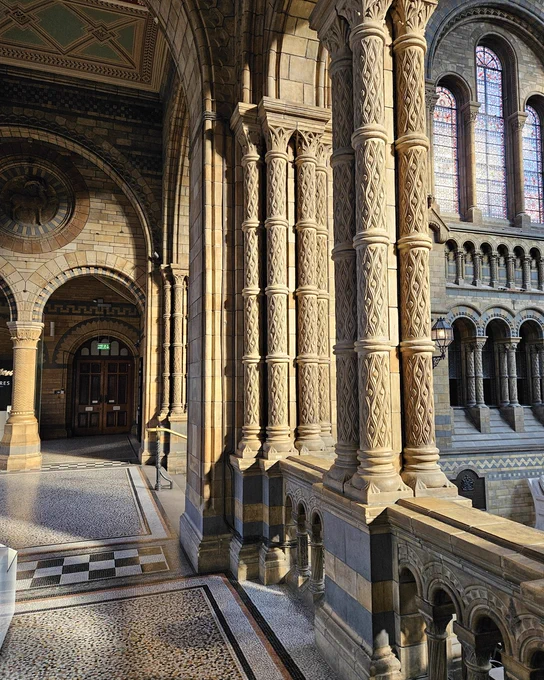 A view of the Hintze Hall balconies. On the right hand-side, there are multiple ornate arches and arched stained windows. 