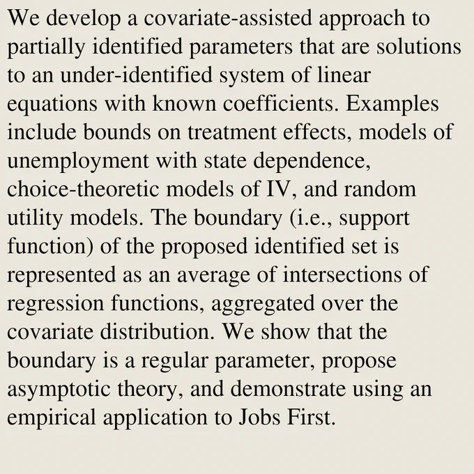 We develop a covariate-assisted approach to partially identified parameters that are solutions to an under-identified system of linear equations with known coefficients. Examples include bounds on treatment effects, models of unemployment with state dependence, choice-theoretic models of IV, and random utility models. The boundary (i.e., support function) of the proposed identified set is represented as an average of intersections of regression functions, aggregated over the covariate distribution. We show that the boundary is a regular parameter, propose asymptotic theory, and demonstrate using an empirical application to Jobs First.