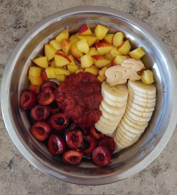 0% fat greek yoghurt
white choco flavor drops
psyllium husk
vanilla pudding mix

cherries
nectarine
banana
homemade low cal strawberry jam
animal cookie