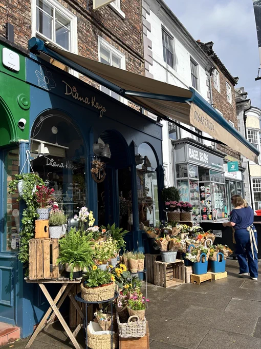 A display of plants and flowers in front of the florist’s shop. A rain-covered pavement.