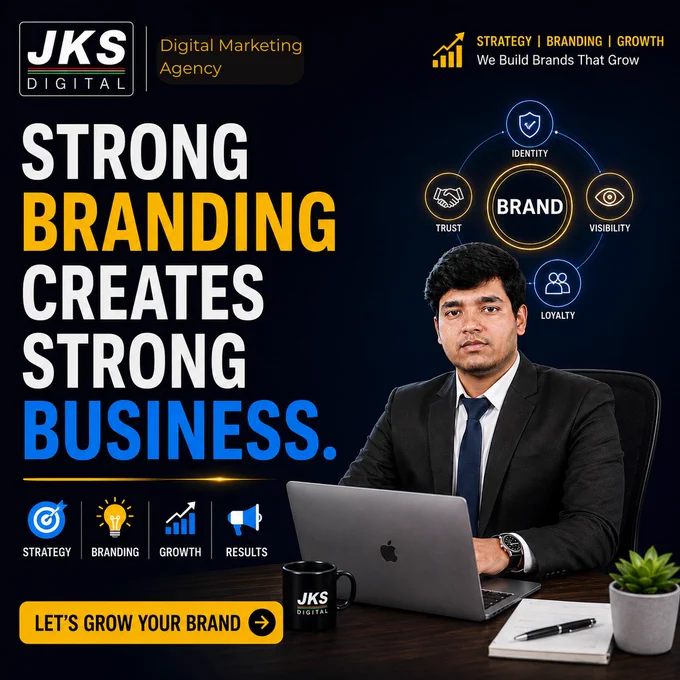 🚀 Strong Branding Creates Strong Business. But Strong Branding Never Happens by Accident.

Most businesses think growth comes only from running ads.
But the brands that win in 2026 understand something different — people don’t buy from the most visible business, they buy from the most trusted one.

Your brand is more than a logo.
It’s the experience people remember.
It’s the trust people build.
It’s the reason customers choose you over everyone else.

At JKS Digital, we help businesses build a brand that doesn’t just look professional — it delivers real growth, visibility, authority, and long-term results. 📈

✨ What creates a strong brand?
✅ Clear Brand Strategy
✅ Powerful Brand Positioning
✅ Consistent Identity
✅ Higher Visibility
✅ Customer Trust & Loyalty
✅ Performance-Focused Marketing

Because strong branding creates:
→ More recognition
→ Better customer relationships
→ Higher conversions
→ Sustainable business growth

Whether you are a startup, local business, entrepreneur, ser