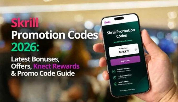 "Skrill Promotion Codes 2026 on mobile app showing latest bonuses, Knect rewards, and how to apply promo code SKRILL25"