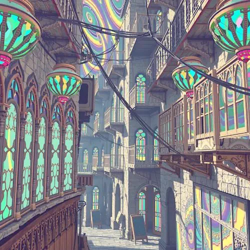 Vibrant digital illustration 'Souq al Shaalan' by @mxmya_
 depicts a narrow, lively souq alley lined with tall stone buildings. Ornate wooden balconies and arched windows glow with turquoise, green, yellow, and purple stained glass. Large teal and pink lanterns hang from crisscrossing black wires overhead. The left foreground shows a wooden railing, the paved path recedes to a chalkboard easel in the distance, and a large swirling rainbow pattern crowns the top. Warm lighting illuminates the intricate stone and wood textures.

