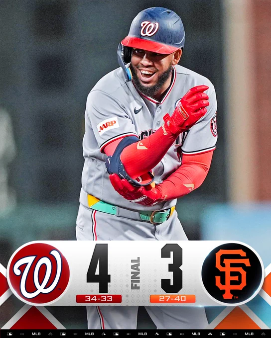 Final Score Graphic 6/8/26
Nationals 4 (34-33), Giants 3 (27-40)
Pictured: Luis García stands on second base after his double in the 9th inning that opened the Nationals rally. He wears a gray Nationals uniform with navy lettering and red trim.