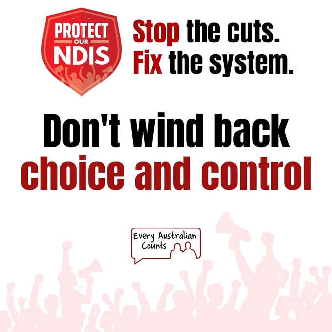 Campaign graphic with the Protect Our NDIS logo and the words "Stop the cuts. Fix the system." Large central text reads: "Don't wind back choice and control." The Every Australian Counts logo appears above a crowd illustration of people holding megaphones and raising their fists.