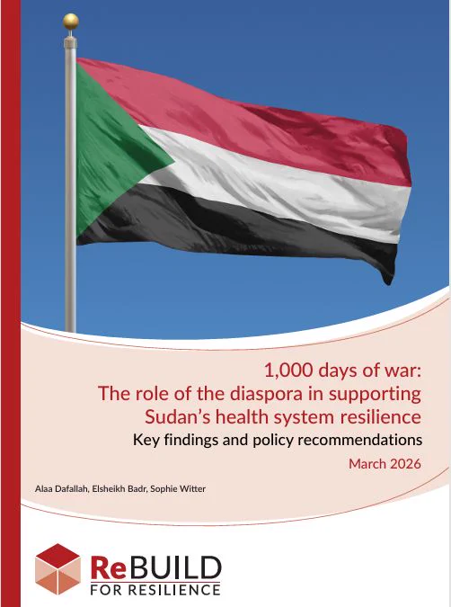 The cover of the brief showing the Sudanese flag and the title of the brief - 1,000 days of war: The role of the diaspora in supporting Sudan’s health system resilience