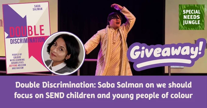 image shows an inset of Saba, a shot of a child with Down's syndrome performing, and the the book cover