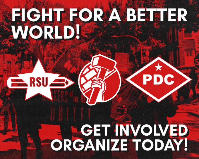 Revolutionary Student Union, New Labor Organizing Committee, and People’s Defense Committee (Left to right)